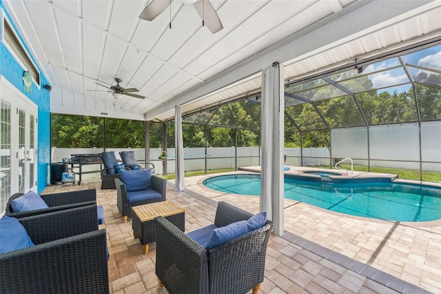 3509 Country Creek Ln, Valrico, FL 33596 - view of swimming pool featuring a ceiling fan, outdoor lounge area, a patio area, and a fenced backyard