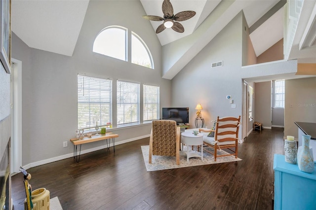 3301 Haviland Ct Unit 301, Palm Harbor, FL 34684 - living area with high vaulted ceiling, a ceiling fan, and wood finished floors