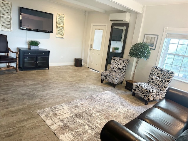 20111 County Line Rd, Lutz, FL 33558 - living area with an AC wall unit, beamed ceiling, and wood finished floors