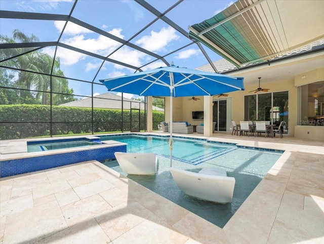 6905 Arabian Rd, Odessa, FL 33556 - view of swimming pool with ceiling fan, a patio, an outdoor hangout area, outdoor dining space, and a lanai