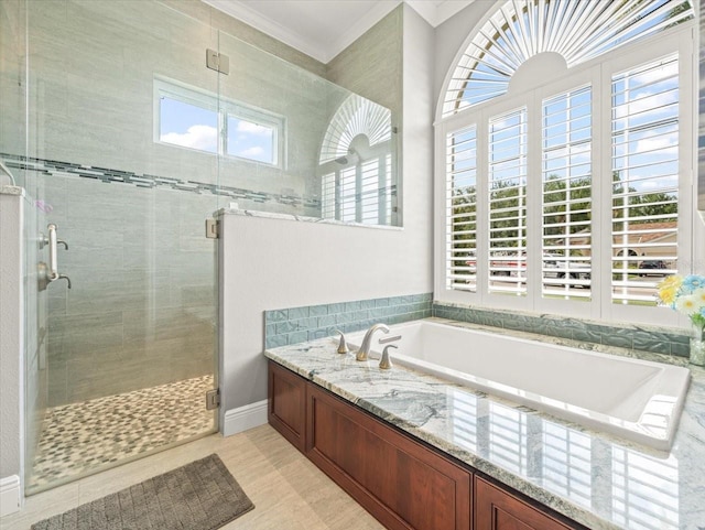 6905 Arabian Rd, Odessa, FL 33556 - bathroom featuring a bath, a stall shower, and crown molding
