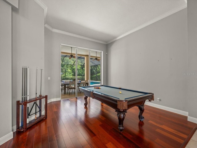 6905 Arabian Rd, Odessa, FL 33556 - game room featuring billiards table, wood finished floors, ornamental molding, and a ceiling fan