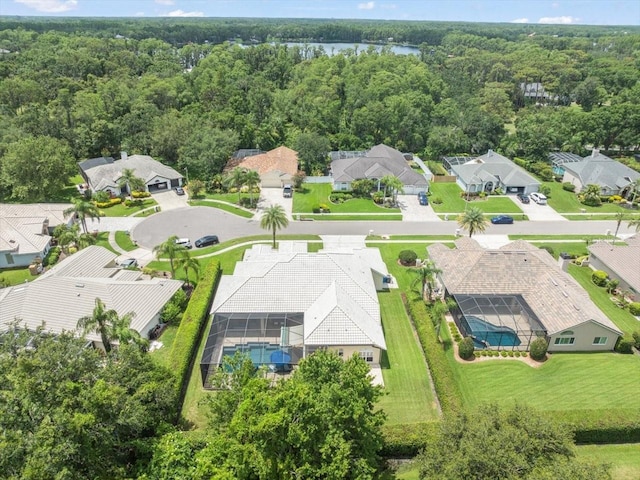 6905 Arabian Rd, Odessa, FL 33556 - aerial perspective of suburban area featuring a forest and a large body of water