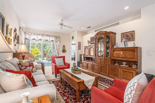 6041 Sandhill Ridge Dr, Lithia, FL 33547 - living room with ceiling fan, recessed lighting, and light colored carpet