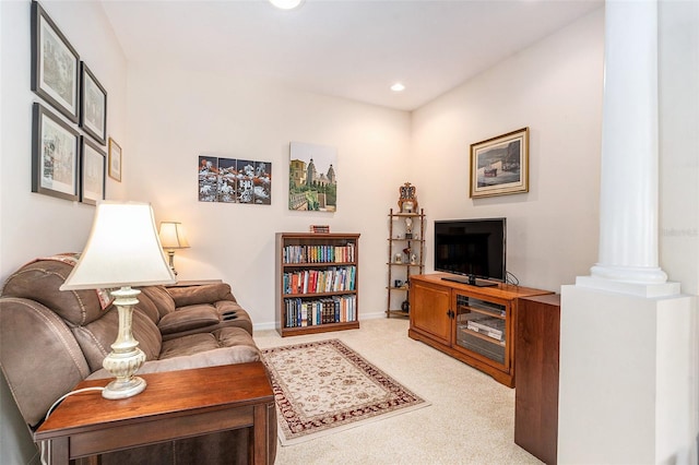6041 Sandhill Ridge Dr, Lithia, FL 33547 - living room featuring ornate columns, light carpet, and recessed lighting