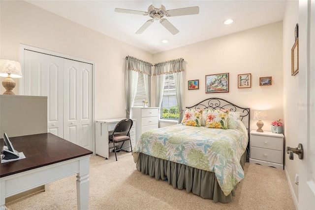 6041 Sandhill Ridge Dr, Lithia, FL 33547 - bedroom with light colored carpet, a closet, a ceiling fan, and recessed lighting