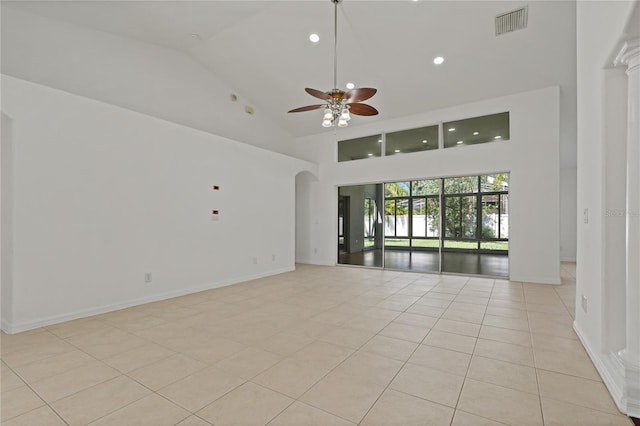 19206 Ivy Oak Way, Tampa, FL 33647 - unfurnished room featuring high vaulted ceiling, a ceiling fan, light tile patterned floors, and recessed lighting