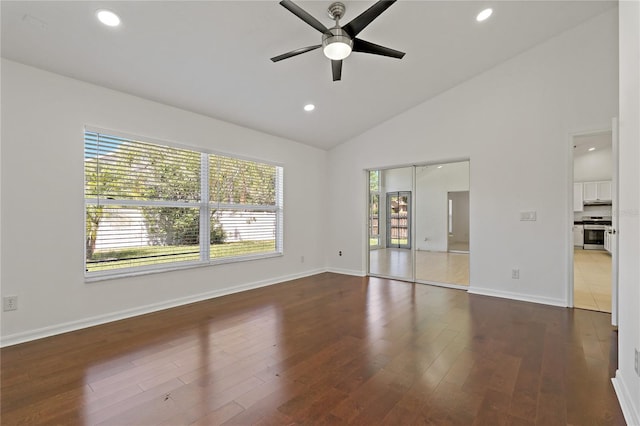 19206 Ivy Oak Way, Tampa, FL 33647 - unfurnished bedroom featuring wood finished floors, recessed lighting, high vaulted ceiling, and a ceiling fan