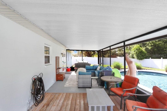 901 Strawberry Ln, Brandon, FL 33511 - wooden deck with an outdoor living space and a fenced backyard