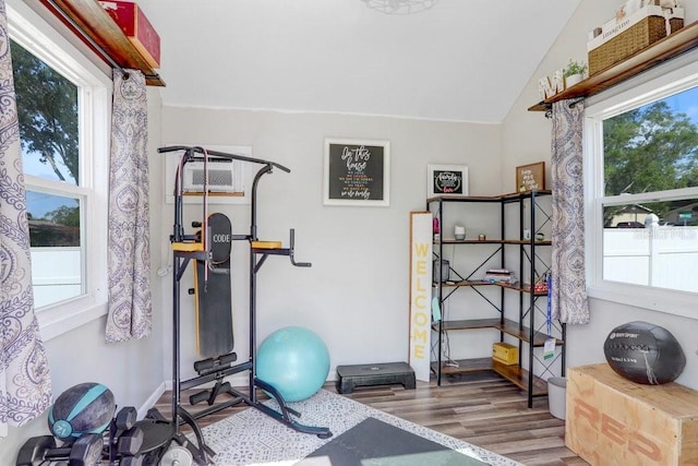 901 Strawberry Ln, Brandon, FL 33511 - exercise room with healthy amount of natural light, wood finished floors, and vaulted ceiling