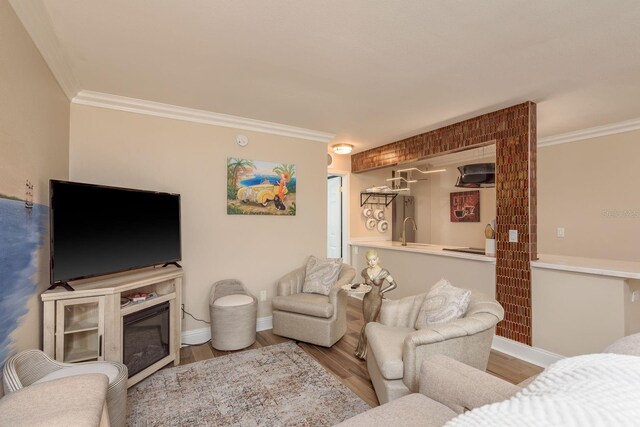 1301 S Howard Ave Unit A9, Tampa, FL 33606 - living room with crown molding, wood finished floors, and a glass covered fireplace