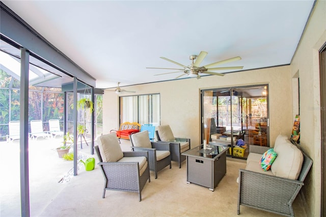 2199 Blue Tern Dr, Palm Harbor, FL 34683 - sunroom featuring ceiling fan and outdoor lounge area