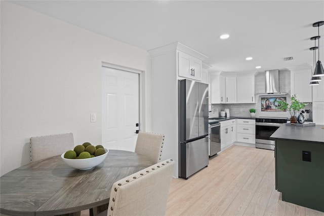 1707 Solon Ave, Dunedin, FL 34698 - kitchen with stainless steel appliances, wall chimney exhaust hood, decorative backsplash, dark countertops, and white cabinets
