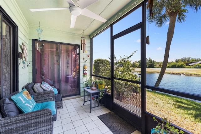 5725 Pelican Pointe Dr Unit 1, Sebastian, FL 32958 - sunroom with a water view and a ceiling fan