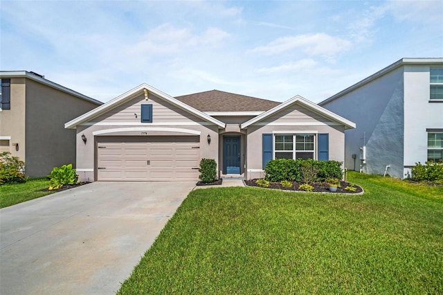 7774 Sail Clover Ln, Zephyrhills, FL 33540 - view of front of property with a garage, driveway, a front lawn, and stucco siding