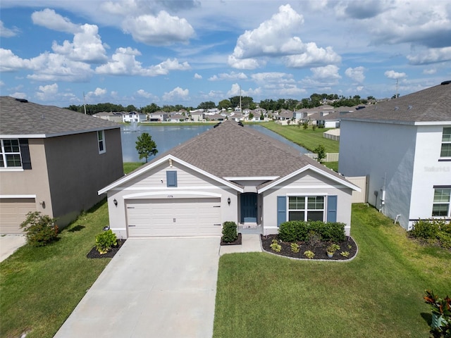 7774 Sail Clover Ln, Zephyrhills, FL 33540 - ranch-style house with a residential view, a front lawn, an attached garage, concrete driveway, and a shingled roof