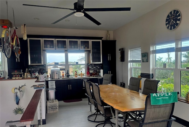 1626 Sea Breeze Dr, Tarpon Springs, FL 34689 - kitchen with decorative backsplash, dark cabinetry, ceiling fan, and light wood-style flooring