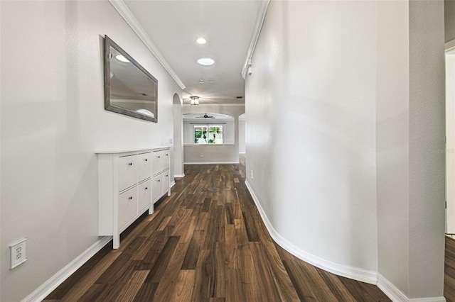 18203 Tivoli Ln, Lutz, FL 33558 - hall with dark wood finished floors, crown molding, arched walkways, and recessed lighting