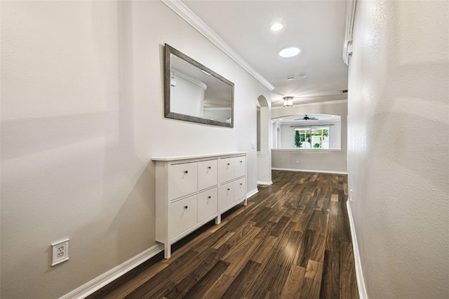 18203 Tivoli Ln, Lutz, FL 33558 - hallway with ornamental molding, dark wood-type flooring, arched walkways, and recessed lighting