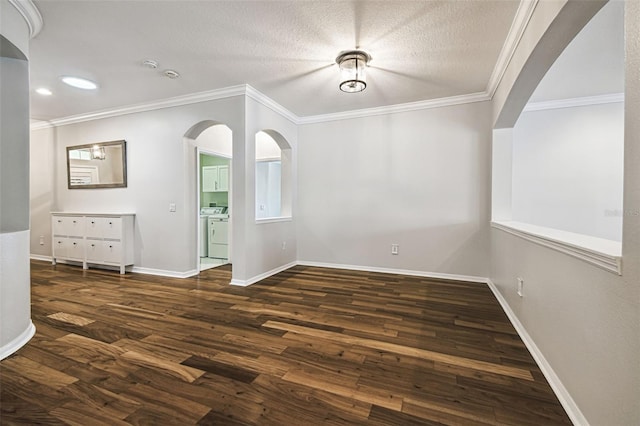 18203 Tivoli Ln, Lutz, FL 33558 - unfurnished dining area with separate washer and dryer, wood finished floors, crown molding, arched walkways, and recessed lighting