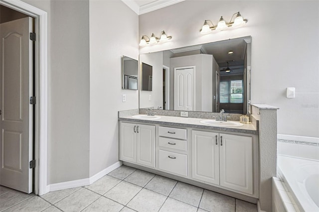 18203 Tivoli Ln, Lutz, FL 33558 - full bath with ornamental molding, a garden tub, double vanity, and tile patterned floors