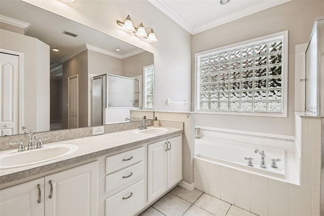 18203 Tivoli Ln, Lutz, FL 33558 - full bathroom with double vanity, a shower stall, a garden tub, tile patterned flooring, and crown molding