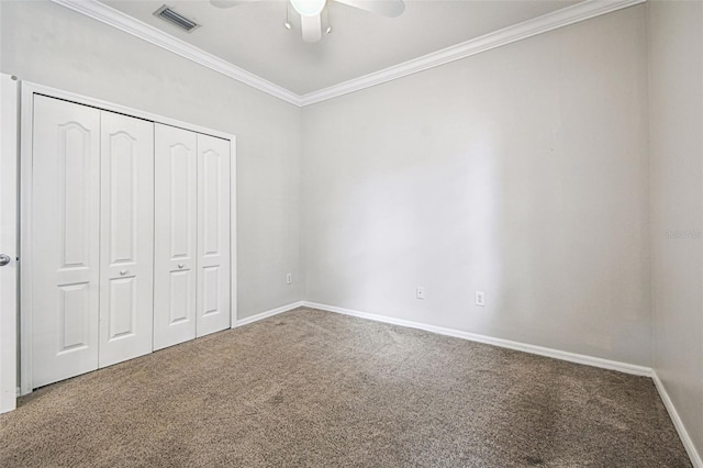 18203 Tivoli Ln, Lutz, FL 33558 - unfurnished bedroom featuring carpet floors, crown molding, a closet, and a ceiling fan