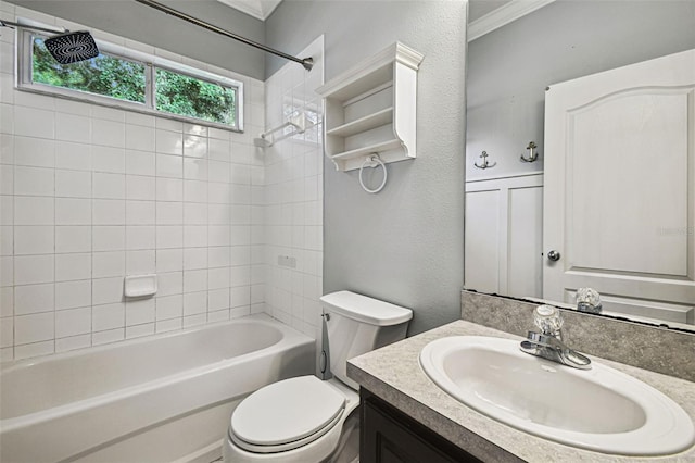 18203 Tivoli Ln, Lutz, FL 33558 - full bath with vanity, bathtub / shower combination, crown molding, and a textured wall