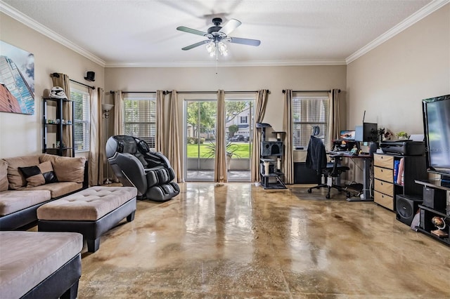 1031 Andrew Aviles Cir, Tampa, FL 33619 - living area featuring concrete flooring, a ceiling fan, crown molding, and an office area