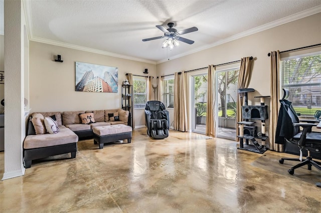 1031 Andrew Aviles Cir, Tampa, FL 33619 - living room featuring concrete flooring, a textured ceiling, ceiling fan, ornamental molding, and an office area