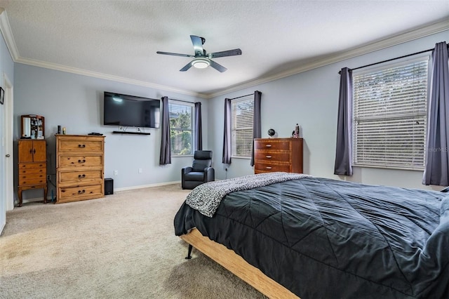 1031 Andrew Aviles Cir, Tampa, FL 33619 - carpeted bedroom with ornamental molding, ceiling fan, and a textured ceiling