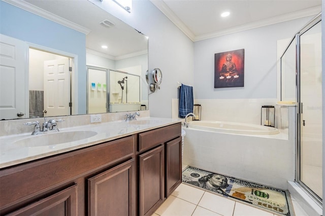 1031 Andrew Aviles Cir, Tampa, FL 33619 - full bath featuring a bath, a stall shower, crown molding, double vanity, and tile patterned flooring