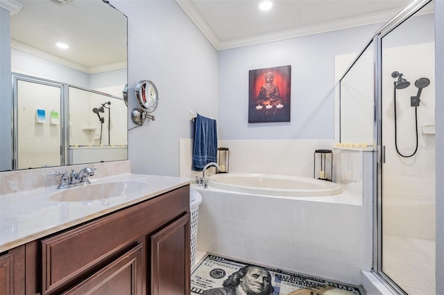 1031 Andrew Aviles Cir, Tampa, FL 33619 - bathroom featuring a garden tub, crown molding, a stall shower, and vanity