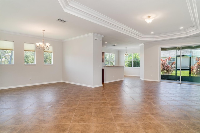 9067 39th Street Cir E, Parrish, FL 34219 - spare room featuring a chandelier, crown molding, a raised ceiling, light tile patterned floors, and recessed lighting