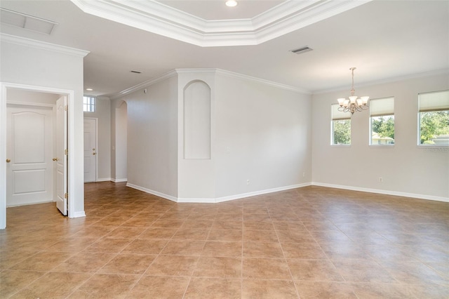 9067 39th Street Cir E, Parrish, FL 34219 - empty room featuring crown molding, a chandelier, arched walkways, light tile patterned flooring, and a raised ceiling