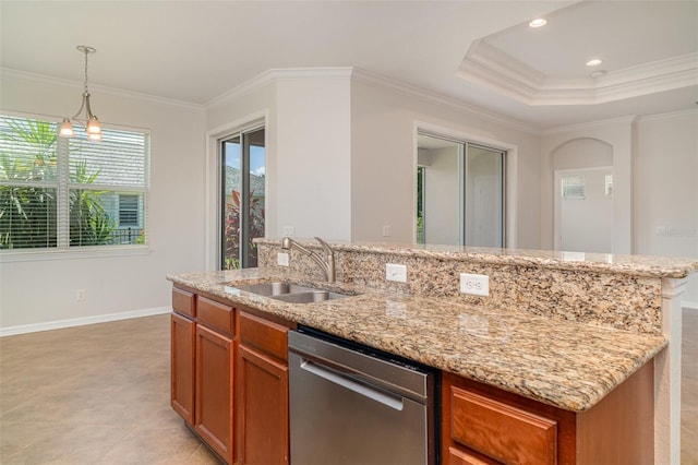 9067 39th Street Cir E, Parrish, FL 34219 - kitchen featuring stainless steel dishwasher, a kitchen island with sink, crown molding, light stone counters, and decorative light fixtures