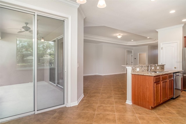 9067 39th Street Cir E, Parrish, FL 34219 - kitchen with brown cabinetry, crown molding, stainless steel dishwasher, a ceiling fan, and light stone counters