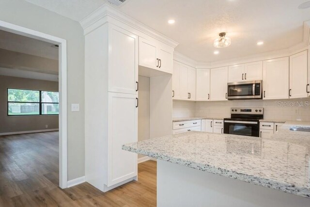 14909 Oldgate Pl, Tampa, FL 33624 - kitchen featuring electric range oven, stainless steel microwave, light wood-type flooring, light stone counters, and backsplash