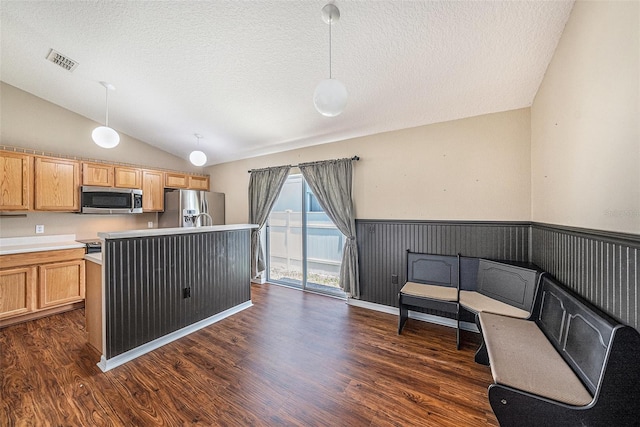 3443 Fyfield Ct, Land O Lakes, FL 34638 - kitchen featuring stainless steel appliances, lofted ceiling, dark wood finished floors, wainscoting, and pendant lighting