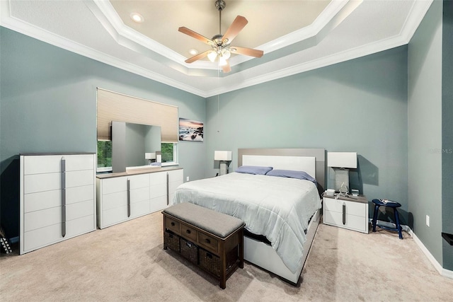 11220 Paradise Pointe Way, New Port Richey, FL 34654 - carpeted bedroom with a tray ceiling, ornamental molding, recessed lighting, and a ceiling fan