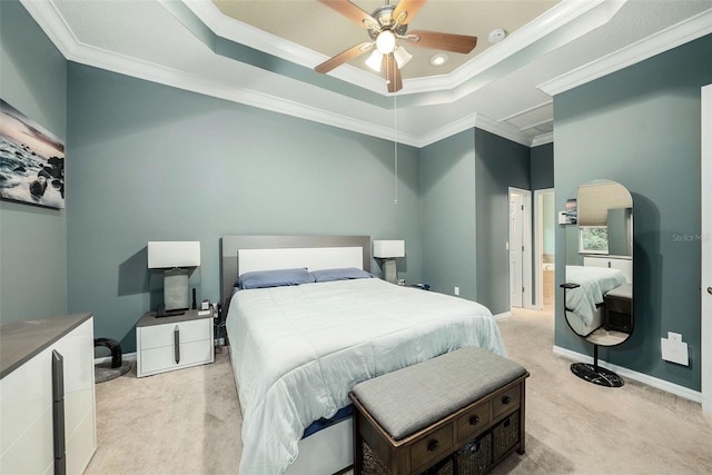 11220 Paradise Pointe Way, New Port Richey, FL 34654 - bedroom featuring light colored carpet, a raised ceiling, ornamental molding, and a ceiling fan