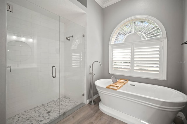 10101 Paddock Oaks Dr, Riverview, FL 33569 - full bathroom featuring wood finished floors, a shower stall, a freestanding bath, healthy amount of natural light, and crown molding