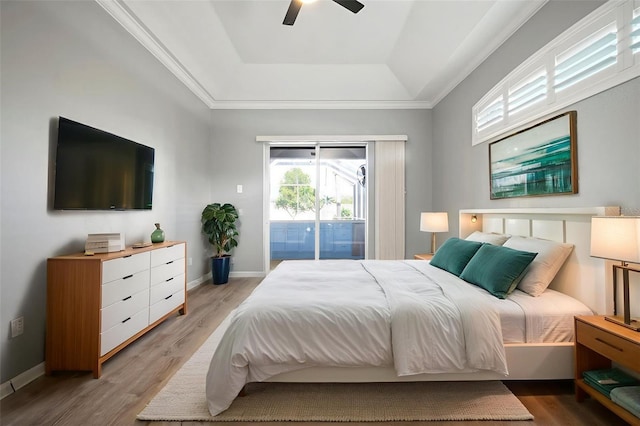 10101 Paddock Oaks Dr, Riverview, FL 33569 - bedroom with a tray ceiling, access to exterior, wood finished floors, ceiling fan, and crown molding