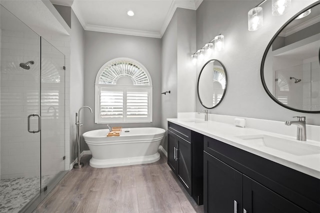 10101 Paddock Oaks Dr, Riverview, FL 33569 - bathroom featuring a shower stall, a soaking tub, double vanity, crown molding, and wood finished floors