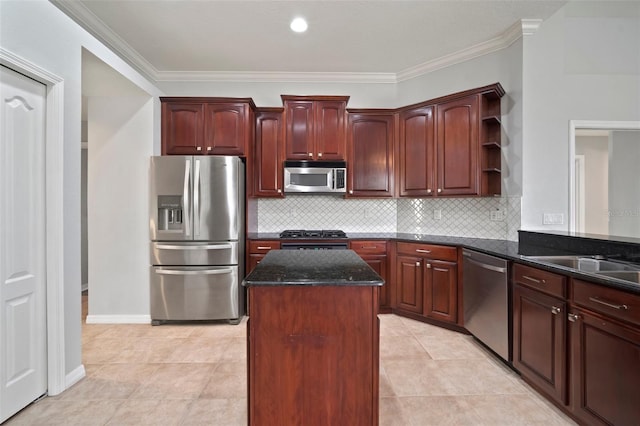 10101 Paddock Oaks Dr, Riverview, FL 33569 - kitchen featuring stainless steel appliances, crown molding, tasteful backsplash, dark stone countertops, and a kitchen island