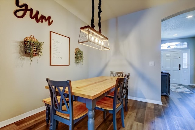 6648 Castle Green Pl, Zephyrhills, FL 33541 - dining area featuring dark wood finished floors, a chandelier, and recessed lighting