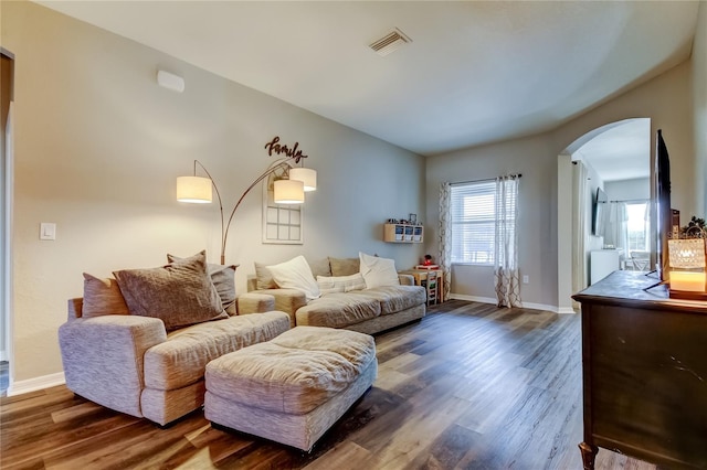 6648 Castle Green Pl, Zephyrhills, FL 33541 - living room with arched walkways and dark wood-style floors