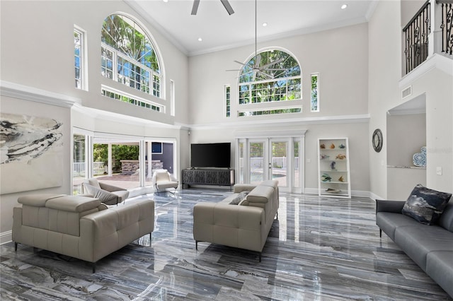 3663 Berger Rd, Lutz, FL 33548 - living area featuring marble tiled flooring, a ceiling fan, a high ceiling, healthy amount of natural light, and recessed lighting