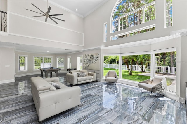 3663 Berger Rd, Lutz, FL 33548 - living room with pool table, a towering ceiling, ornamental molding, ceiling fan, and recessed lighting