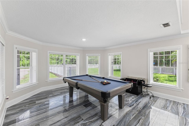 3663 Berger Rd, Lutz, FL 33548 - playroom with a textured ceiling, ornamental molding, pool table, wood finished floors, and recessed lighting